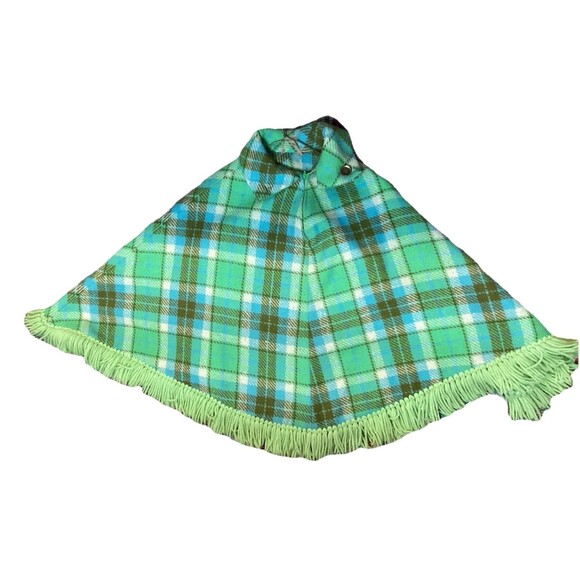 Vintage Green Plaid Fringe Polyester Cape Poncho Shawl Wool Knit Handmade 70s - Picture 3 of 14